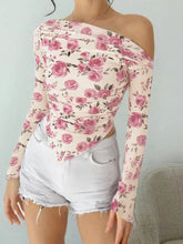 Pink floral print shoulder ruched blouse with one-shoulder off-the-shoulder design and long sleeves