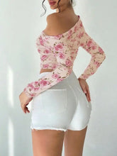 Pink floral print shoulder ruched blouse with long sleeves crop top and off-the-shoulder neckline