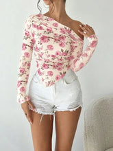 Pink floral print one shoulder ruched blouse with long sleeve and cream base for elegant wear