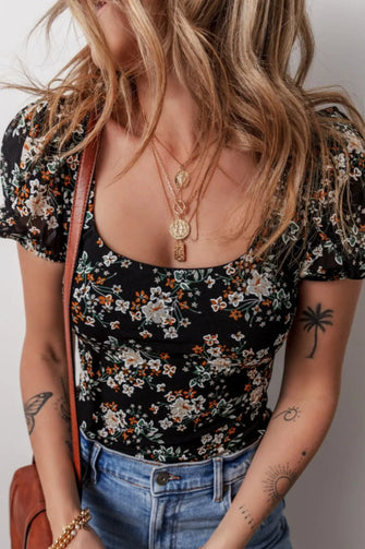Floral Print Puff Sleeve Square Neck Bodysuit Black
