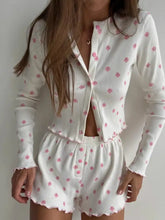 Floral print ribbed knit top and shorts lounge set, white with pink flowers