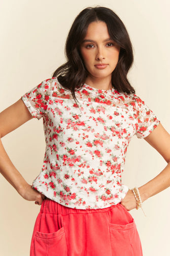 Floral Print Ribbon Short Sleeve Layered Mesh Top for Women WHITE MULTI