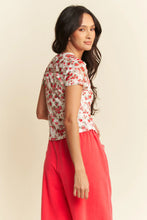 Floral Print Ribbon Short Sleeve Layered Mesh Top for Women