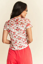 Floral Print Ribbon Short Sleeve Layered Mesh Top for Women Woman T Shirts