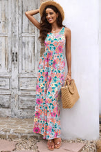 Floral Print Round Neck Sleeveless Maxi Dress with Pockets