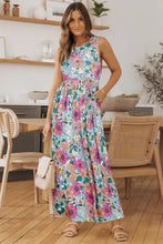 Floral print round neck sleeveless maxi dress with pockets in teal and pink