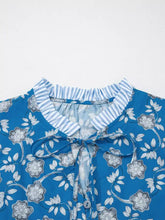 Blue floral print ruffle sleeve blouse with gray and white patterns and a striped ruffled collar