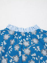 Blue floral-patterned skirt with ruffled collar featuring light blue and white vertical stripes for elegant wear