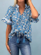 Blue floral print ruffle sleeve blouse with striped collar featuring lightweight fabric for casual wear