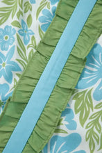 Floral print ruffled color block trim half sleeve blouse with light blue ruffled trim and green floral fabric backing