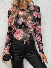 Floral Print Semi Sheer Mesh Top for Women Black