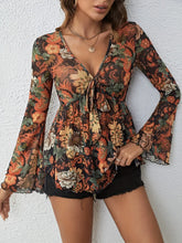Floral Print Semi Sheer Tie Front Blouse for Women Black