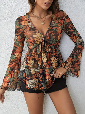 Floral Print Semi Sheer Tie Front Blouse for Women Black