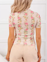 Floral print sheer mesh top with high neckline short sleeves and vertical pink and cream rose stripes on beige background