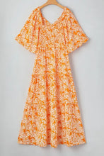 Orange floral print smocked V neck maxi dress with short sleeves