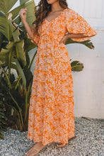Orange floral print smocked V neck maxi dress with puff sleeves