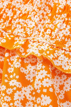 Orange floral print smocked V neck maxi dress with ruffles