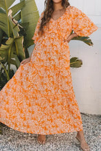 Floral print smocked V neck maxi dress in orange and white