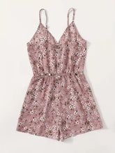 Weicher, mauvefarbener Jumpsuit mit Blumenmuster und Spaghettiträgern, verziert mit zarten Blüten