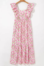 Floral print square neck ruffled cap maxi dress with pockets