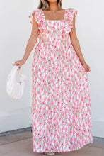 Floral print square neck ruffled cap sleeve maxi dress with pockets