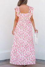 Floral print square neck ruffled cap sleeve maxi dress with pockets