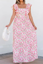 Pink floral print square ruffled cap maxi dress with pockets