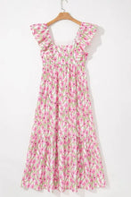 Pink floral print square neck ruffled cap maxi dress, size 12/14