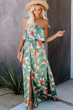 Green floral strapless maxi dress with high slit and tie waist