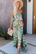 Floral strapless maxi dress with green leaves and orange flowers