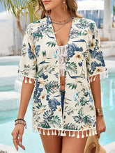 Floral Print Tassel Kimono Cover Up Machine Wash Polyester Swimwear Cover-Ups