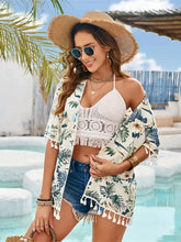 Floral Print Tassel Kimono Cover Up Machine Wash Polyester Swimwear Cover-Ups