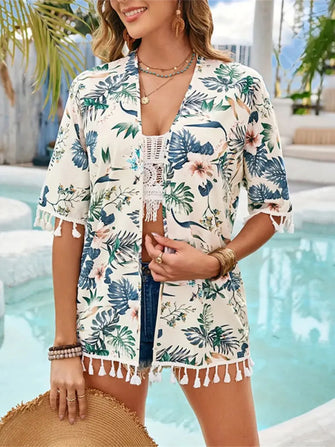 Floral Print Tassel Kimono Cover Up Machine Wash Polyester Pastel Yellow