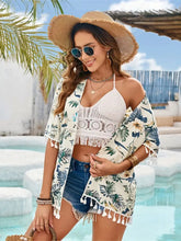 Floral Print Tassel Kimono Cover Up Machine Wash Polyester