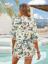 Floral Print Tassel Kimono Cover Up Machine Wash Polyester Swimwear Cover-Ups