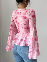 Pink floral print chiffon blouse with bell sleeves peplum waist and sheer fabric for elegant wear