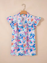 Floral print tie v neck blouse with short ruffle sleeves featuring bold blue pink orange and green abstract flowers