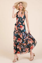 Floral Print Tie Waist Maxi Dress Sleeveless Summer Casual MULTI