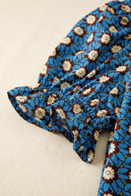 Blue floral print puff sleeve blouse with neck pleated detail and ruffled short sleeves for elegant wear
