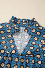 Blue floral print puff sleeve blouse with neck pleated detail and ruffled neckline with light blue lining