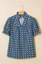 Blue floral print puff sleeve blouse with neck pleated detail and ruffled collar in lightweight fabric