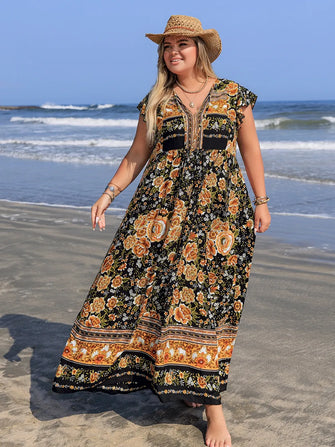 Floral Print Viscose Maxi Dress with Tie Detail Black