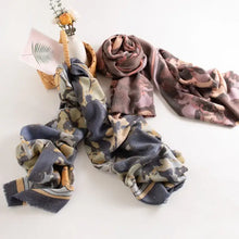 Printed raw hem polyester scarf in pink, brown, floral, camouflage print