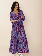 Purple printed tie neck balloon sleeve maxi dress for women