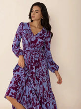 Womens purple floral printed tie neck balloon sleeve maxi dress