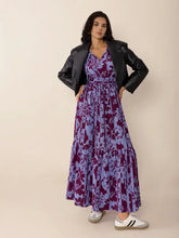 Women’s printed tie neck balloon sleeve maxi dress in purple blue floral print