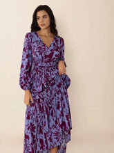 Printed tie neck balloon sleeve maxi dress with lavender floral print
