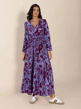 Printed tie neck balloon sleeve maxi dress with lavender floral print, v-neck, elastic waistband and Adidas sneakers