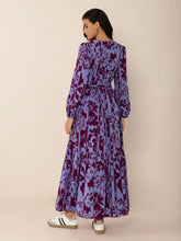 Printed tie neck balloon sleeve maxi dress with lavender floral print