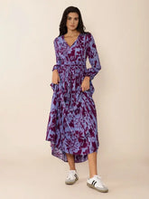 Printed tie neck balloon sleeve maxi dress with floral print